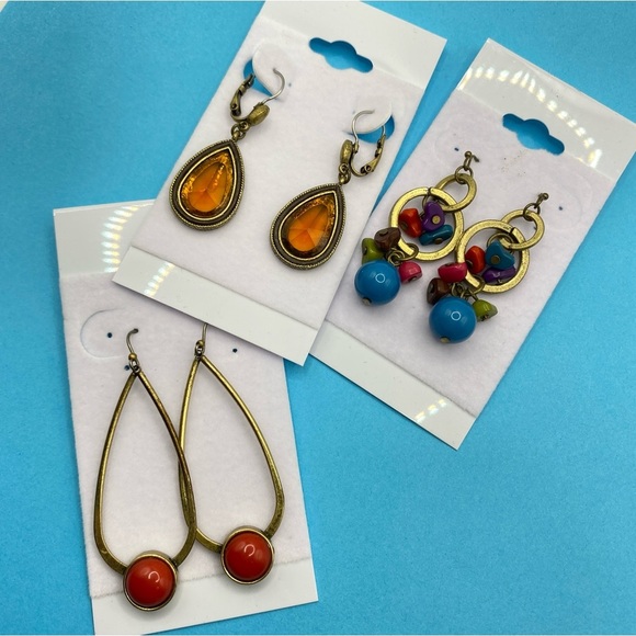 Orange & Blue Long Earrings Antique Gold Tone Pierced Bundle of Three Pairs - Picture 1 of 5